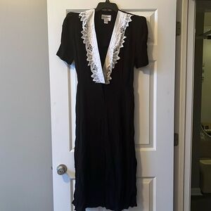 Vintage 80s Karin Steven’s Black Maxi Dress Lace Collar